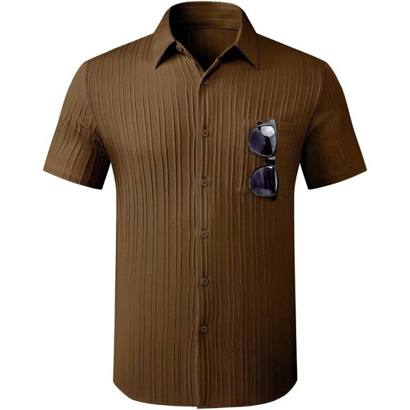 ❤️Mens Brown Short Sleeve Button  Shirt Casual Solid Color Dress Golf Shirts - Picture 2 of 3